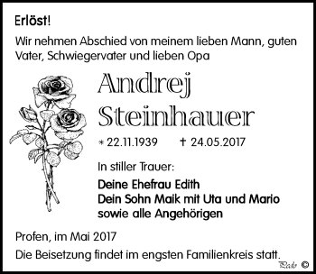 Traueranzeige von Andrej Steinhauer von Mitteldeutsche Zeitung Zeitz