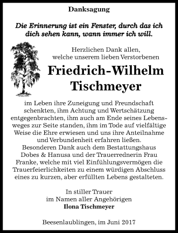Traueranzeige von Friedrich-Wilhelm Tischmeyer von Mitteldeutsche Zeitung Bernburg
