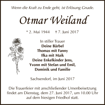 Traueranzeige von Otmar Weiland von Super Sonntag Bernburg
