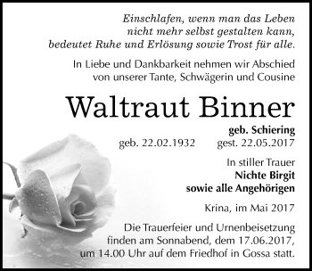 Traueranzeige von Waltraut Binner von Mitteldeutsche Zeitung Bitterfeld