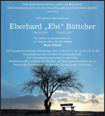 Traueranzeige von Eberhard Böttcher von WVG - Wochenspiegel Bitterfeld