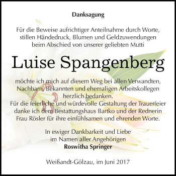 Traueranzeige von Luise Spangenberg von WVG - Wochenspiegel Dessau / Köthen