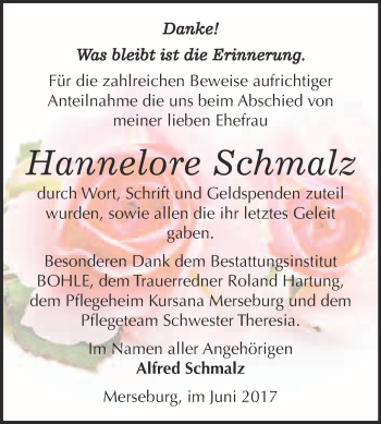 Traueranzeige von Hannelore Schmalz von Super Sonntag Merseburg