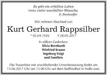 Traueranzeige von Kurt Gerhard Rappsilber von Mitteldeutsche Zeitung Halle/Saalkreis