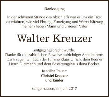 Traueranzeige von Walter Kreuzer von Super Sonntag SGH Mansf. Land