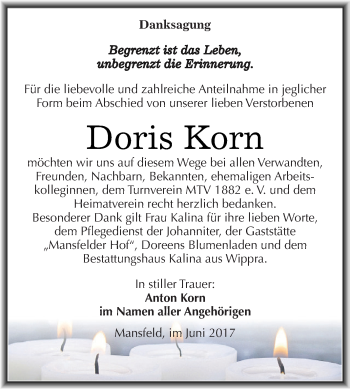 Traueranzeige von Doris Korn von Super Sonntag SGH Mansf. Land