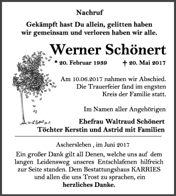 Traueranzeige von Werner Schönert von WVG - Wochenspiegel Quedlinburg