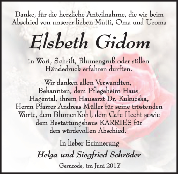 Traueranzeige von Elsbeth Gidom von Mitteldeutsche Zeitung Quedlinburg
