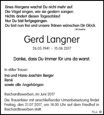 Traueranzeige von Gerd Langner von WVG - Wochenspiegel NMB / WSF / ZTZ