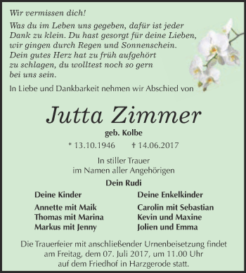 Traueranzeige von Jutta Zimmer von Super Sonntag Quedlinburg