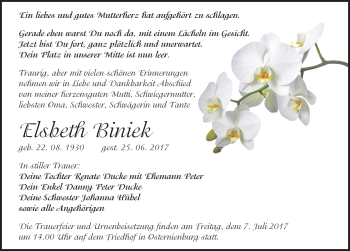 Traueranzeige von Elsbeth Biniek von Mitteldeutsche Zeitung Köthen