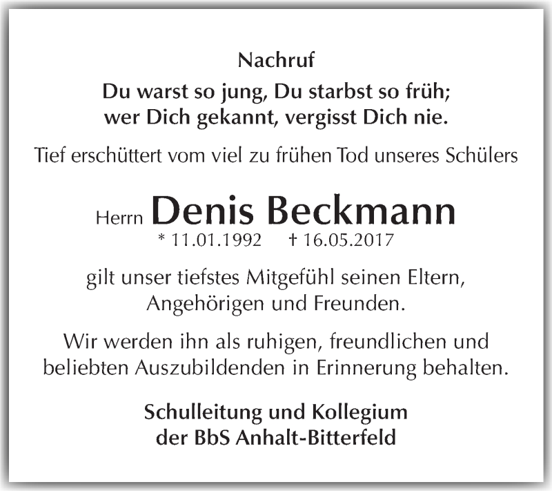  Traueranzeige für Denis Beckmann vom 03.06.2017 aus WVG - Wochenspiegel Bitterfeld