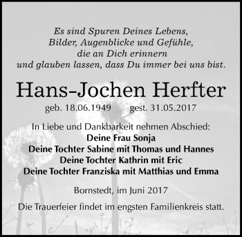 Traueranzeige von Hans-Jochen Herfter von Mitteldeutsche Zeitung Mansfelder Land