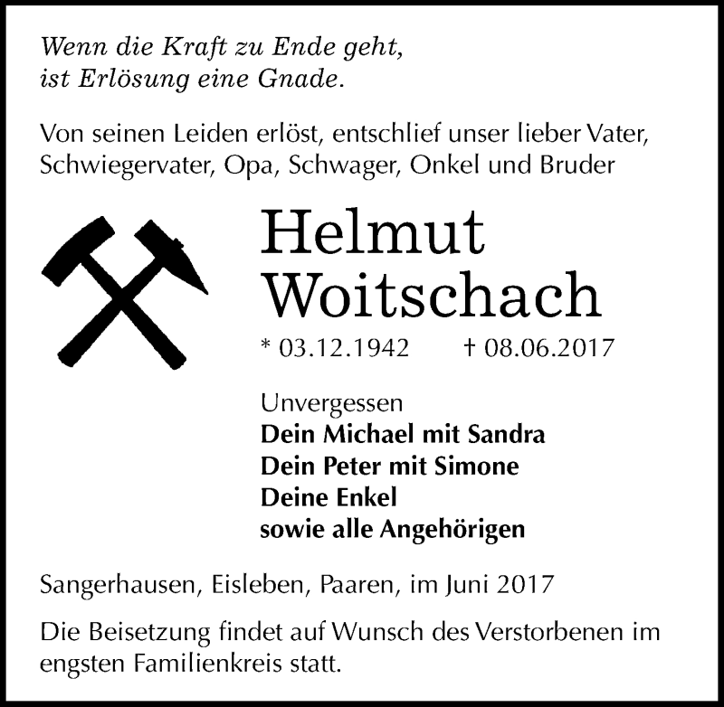  Traueranzeige für Helmut Woitschach vom 15.06.2017 aus Mitteldeutsche Zeitung Sangerhausen