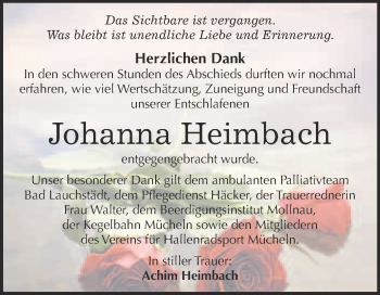 Traueranzeige von Johanna Heimbach von WVG - Wochenspiegel Merseburg