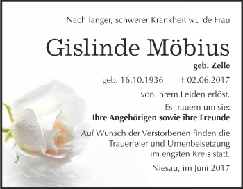 Traueranzeige von Gislinde Möbius von WVG - Wochenspiegel Bitterfeld