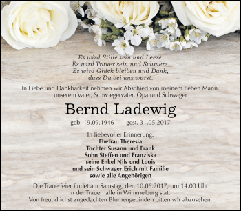 Traueranzeige von Bernd Ladewig von Wochenspiegel Mansfelder Land