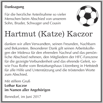 Traueranzeige von Hartmut Kaczor von Wochenspiegel Mansfelder Land