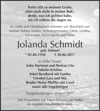 Traueranzeige von Jolanda Schmidt von WVG - Wochenspiegel NMB / WSF / ZTZ