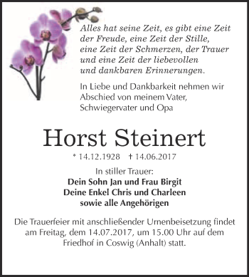 Traueranzeige von Horst Steinert von Super Sonntag Wittenberg