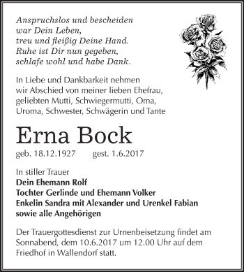 Traueranzeige von Erna Bock von WVG - Wochenspiegel Merseburg
