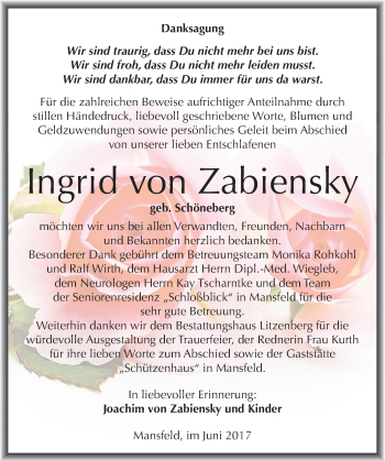 Traueranzeige von Ingrid von Zabiensky von Mitteldeutsche Zeitung Mansfelder Land