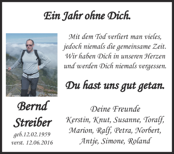 Traueranzeige von Bernd Streiber von WVG - Wochenspiegel Dessau / Köthen
