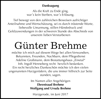 Traueranzeige von Günter Brehme von Mitteldeutsche Zeitung Quedlinburg