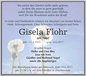 Traueranzeige von Gisela Flohr von WVG - Wochenspiegel Merseburg