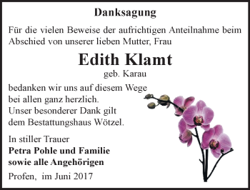 Traueranzeige von Edith Klamt von Mitteldeutsche Zeitung Zeitz