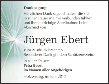 Traueranzeige von Jürgen Ebert von WVG - Wochenspiegel Bitterfeld