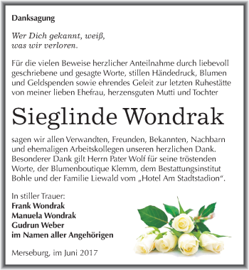 Traueranzeige von Sieglinde Wondrak von Mitteldeutsche Zeitung Merseburg/Querfurt