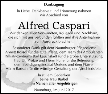 Traueranzeige von Alfred Caspari von Mitteldeutsche Zeitung Naumburg/Nebra