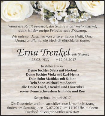 Traueranzeige von Erna Trenkel von WVG - Wochenspiegel Wittenberg