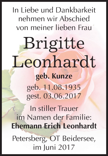 Traueranzeige von Brigitte Leonhardt von Mitteldeutsche Zeitung Halle/Saalkreis