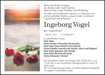 Traueranzeige von Ingeborg Vogel von Mitteldeutsche Zeitung Halle/Saalkreis