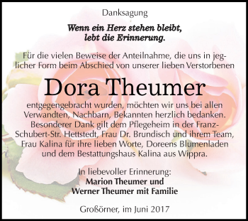 Traueranzeige von Dora Theumer von Super Sonntag SGH Mansf. Land