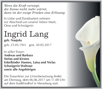Traueranzeige von Ingrid Lang von Mitteldeutsche Zeitung Merseburg/Querfurt