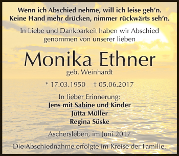 Traueranzeige von Monika Ethner von Mitteldeutsche Zeitung Aschersleben