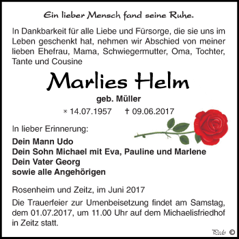 Traueranzeige von Marlies Helm von Super Sonntag Zeitz