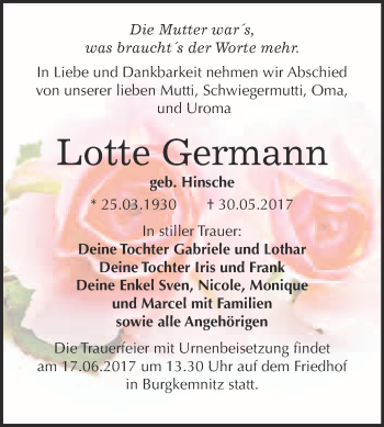 Traueranzeige von Lotte Germann von WVG - Wochenspiegel Bitterfeld