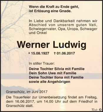 Traueranzeige von Werner Ludwig von Mitteldeutsche Zeitung Weißenfels