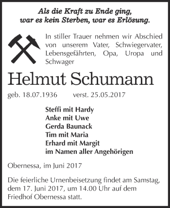 Traueranzeige von Helmut Schumann von WVG - Wochenspiegel NMB / WSF / ZTZ