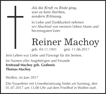 Traueranzeige von Reiner Machoy von WVG - Wochenspiegel Bitterfeld