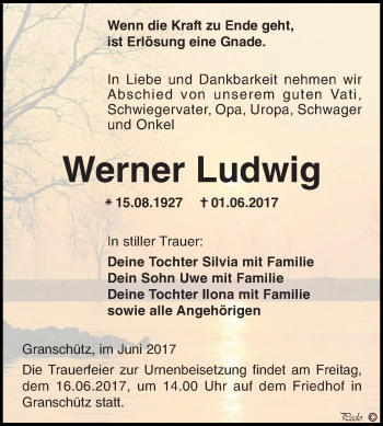 Traueranzeige von Werner Ludwig von WVG - Wochenspiegel NMB / WSF / ZTZ