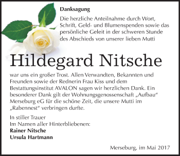 Traueranzeige von Hildegard Nitsche von Mitteldeutsche Zeitung Merseburg/Querfurt