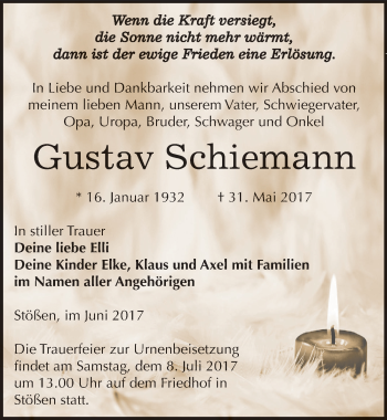 Traueranzeige von Gustav Schiemann von Mitteldeutsche Zeitung Weißenfels
