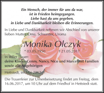 Traueranzeige von Monika Olczyk von Wochenspiegel Mansfelder Land