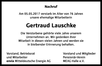 Traueranzeige von Gertraud Lauschke von Mitteldeutsche Zeitung Halle/Saalkreis
