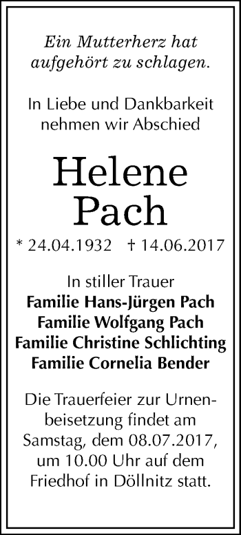 Traueranzeige von Helene Pach von Mitteldeutsche Zeitung Halle/Saalkreis